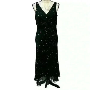 Anne Klein Silk Sleeveless Ruffle Front Slit Midi Dress Black w/Dots Sz 10